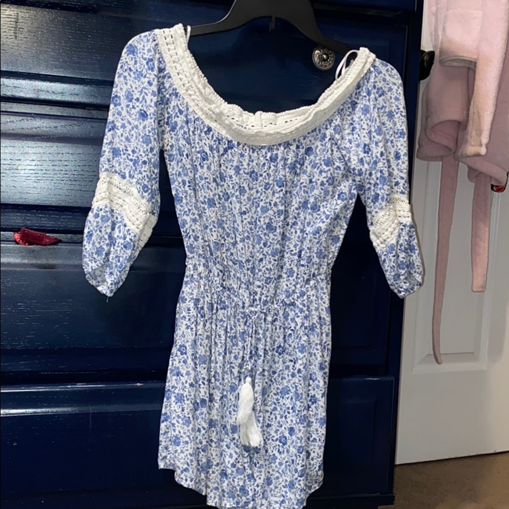 Blue and White Floral Off-The-Shoulder Romper